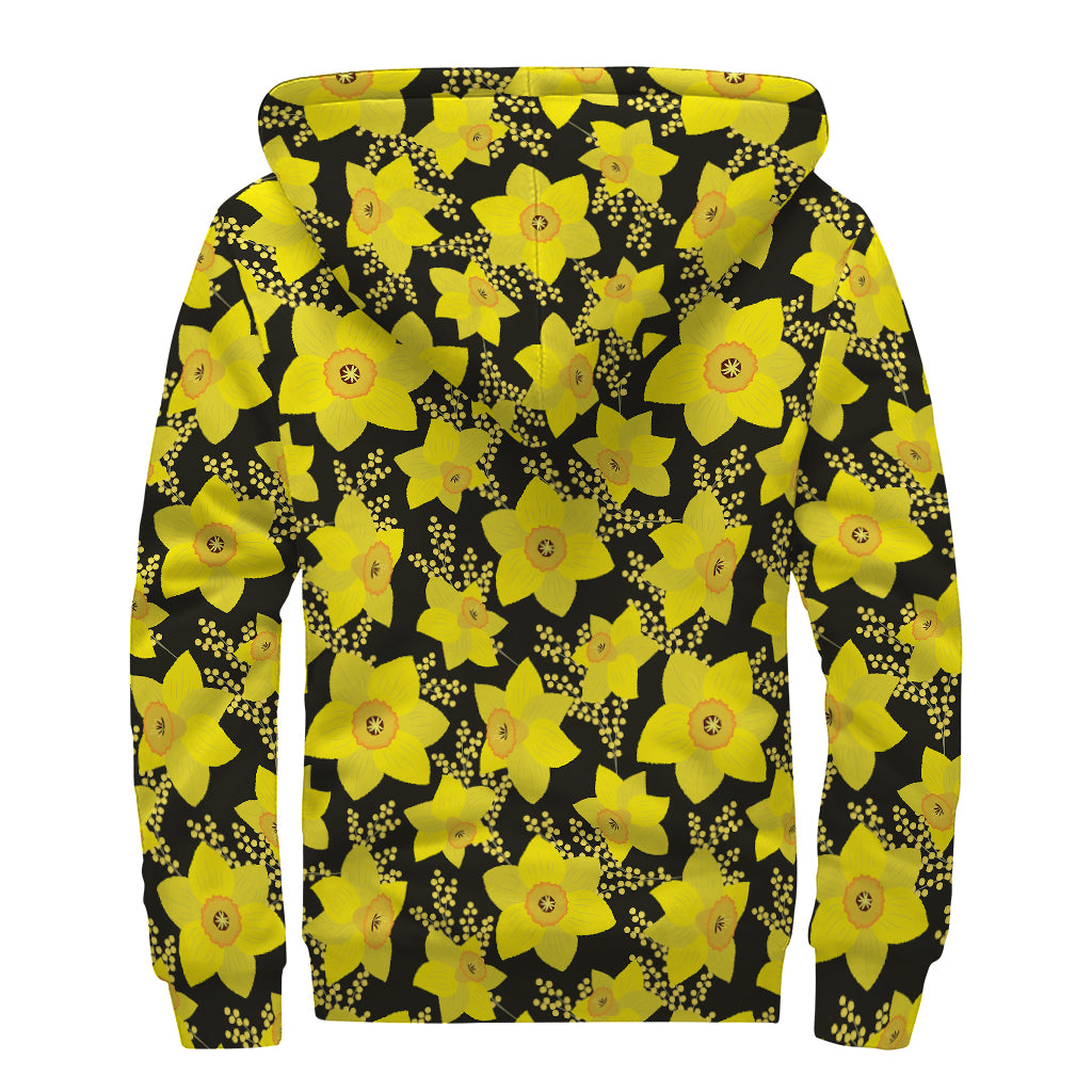 Daffodil And Mimosa Pattern Print Sherpa Lined Zip Up Hoodie