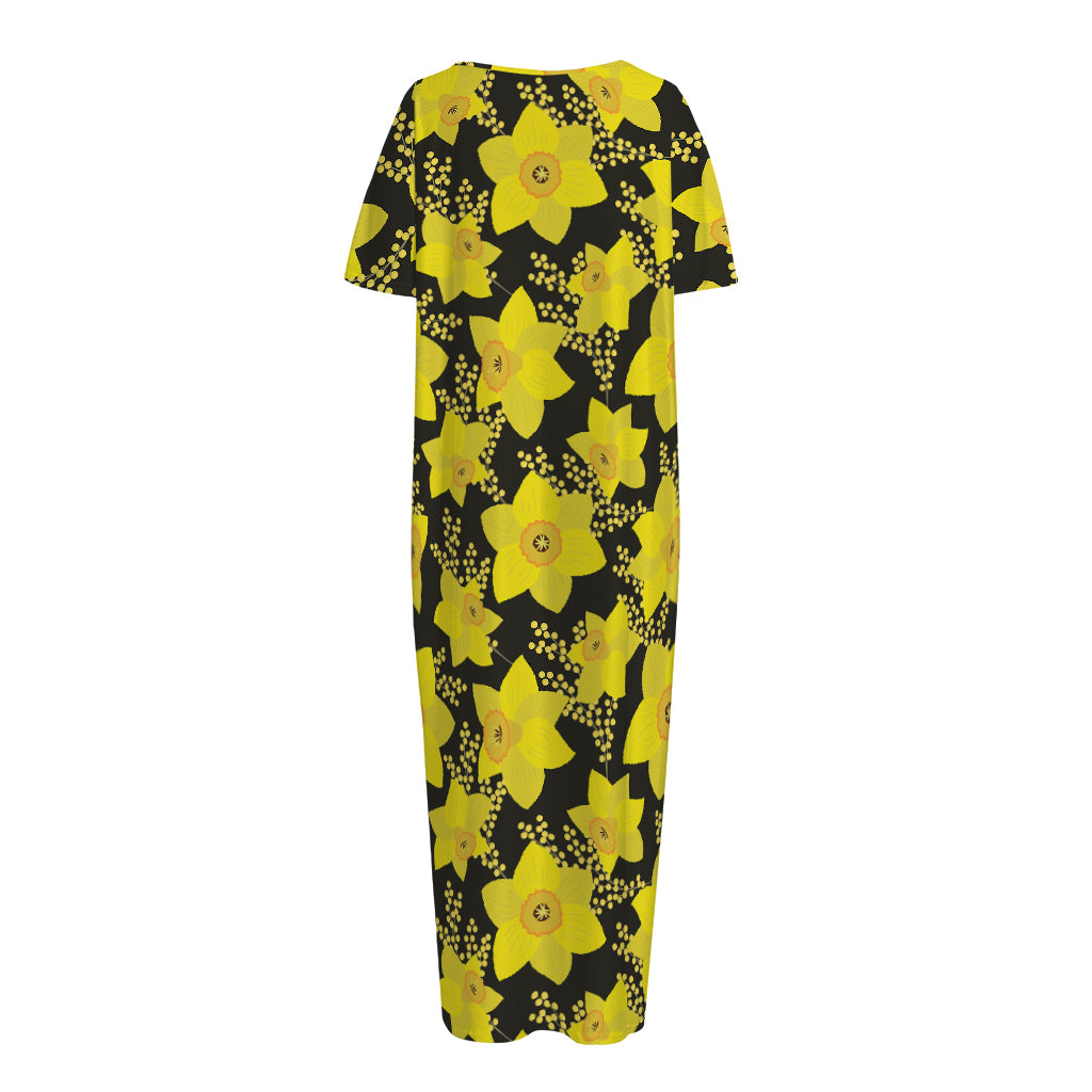 Daffodil And Mimosa Pattern Print Short Sleeve Long Nightdress