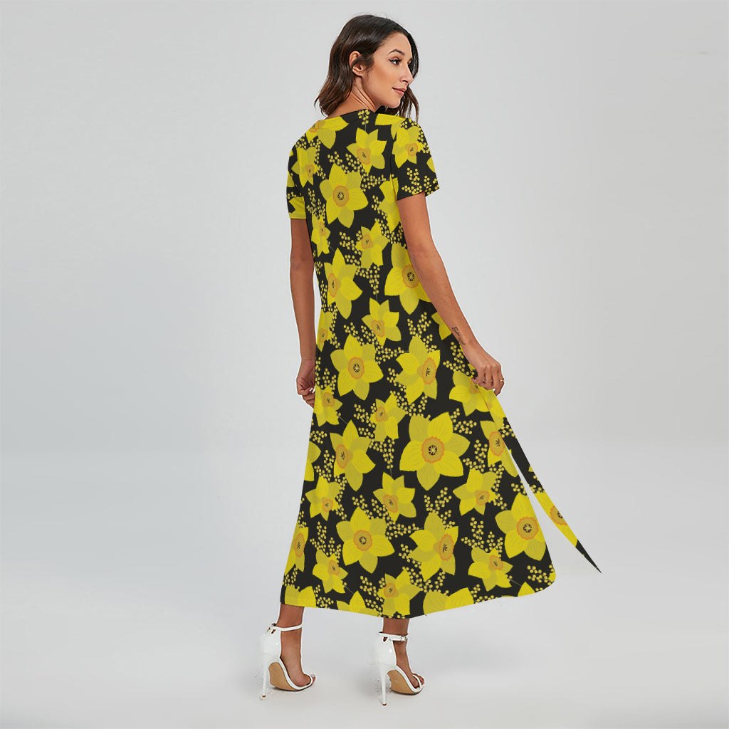 Daffodil And Mimosa Pattern Print Short Sleeve Maxi Dress