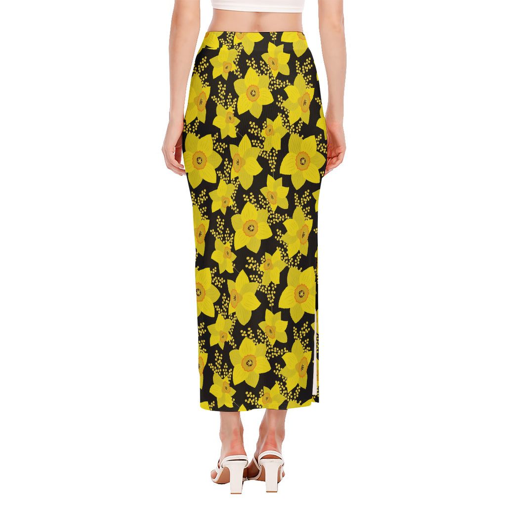 Daffodil And Mimosa Pattern Print Side Slit Maxi Skirt