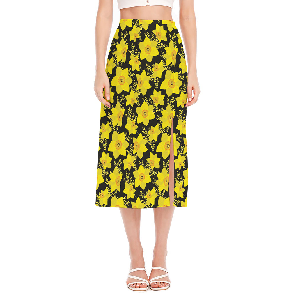 Daffodil And Mimosa Pattern Print Side Slit Midi Skirt