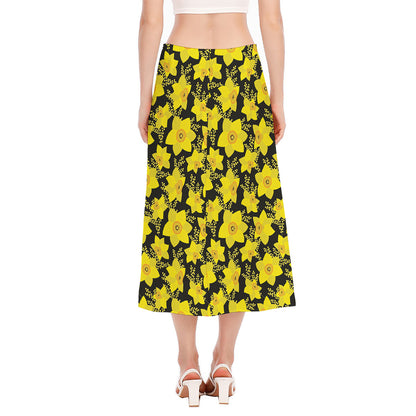 Daffodil And Mimosa Pattern Print Side Slit Midi Skirt