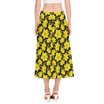 Daffodil And Mimosa Pattern Print Side Slit Midi Skirt