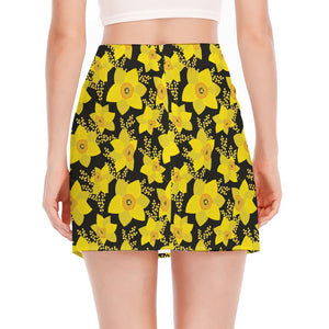 Daffodil And Mimosa Pattern Print Side Slit Mini Skirt