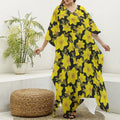 Daffodil And Mimosa Pattern Print Silk V-Neck Kaftan Dress