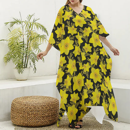 Daffodil And Mimosa Pattern Print Silk V-Neck Kaftan Dress