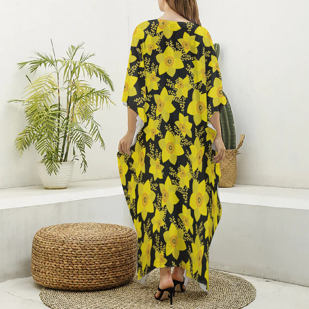 Daffodil And Mimosa Pattern Print Silk V-Neck Kaftan Dress