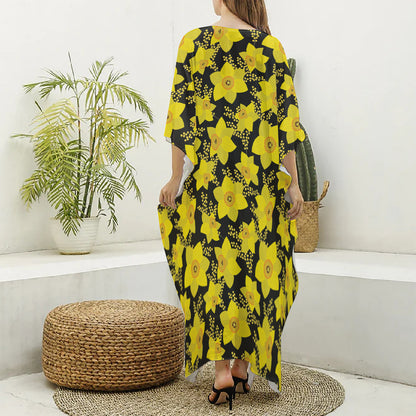 Daffodil And Mimosa Pattern Print Silk V-Neck Kaftan Dress