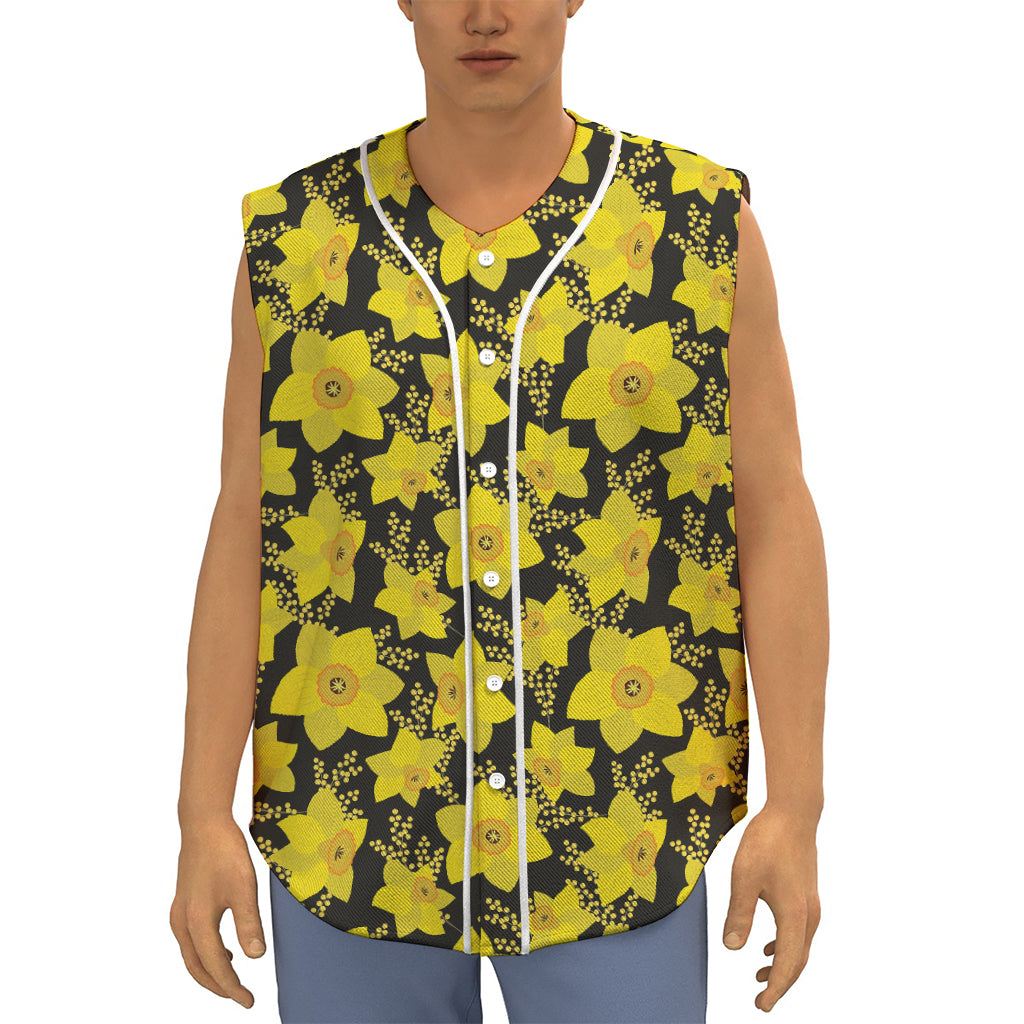 Daffodil And Mimosa Pattern Print Sleeveless Baseball Jersey