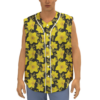 Daffodil And Mimosa Pattern Print Sleeveless Baseball Jersey