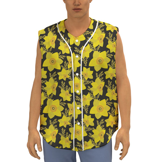 Daffodil And Mimosa Pattern Print Sleeveless Baseball Jersey