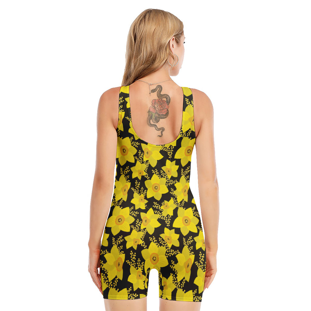 Daffodil And Mimosa Pattern Print Sleeveless One Piece Swimsuit