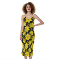 Daffodil And Mimosa Pattern Print Slim Fit Midi Cami Dress