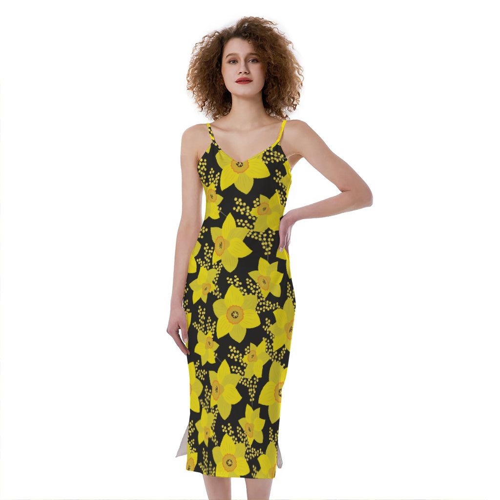 Daffodil And Mimosa Pattern Print Slim Fit Midi Cami Dress