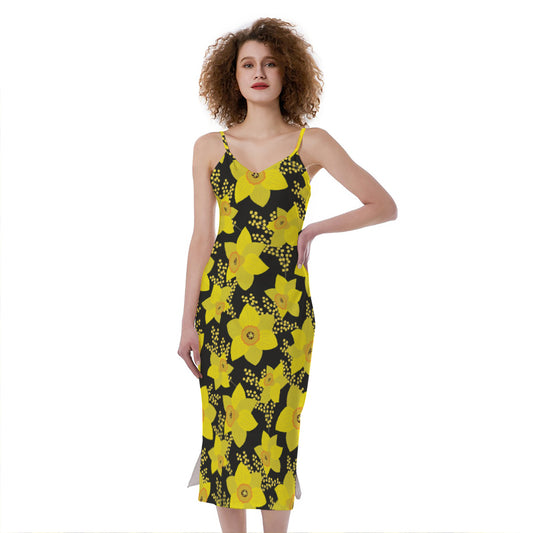 Daffodil And Mimosa Pattern Print Slim Fit Midi Cami Dress
