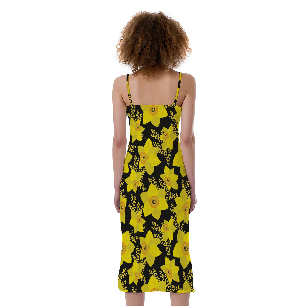 Daffodil And Mimosa Pattern Print Slim Fit Midi Cami Dress