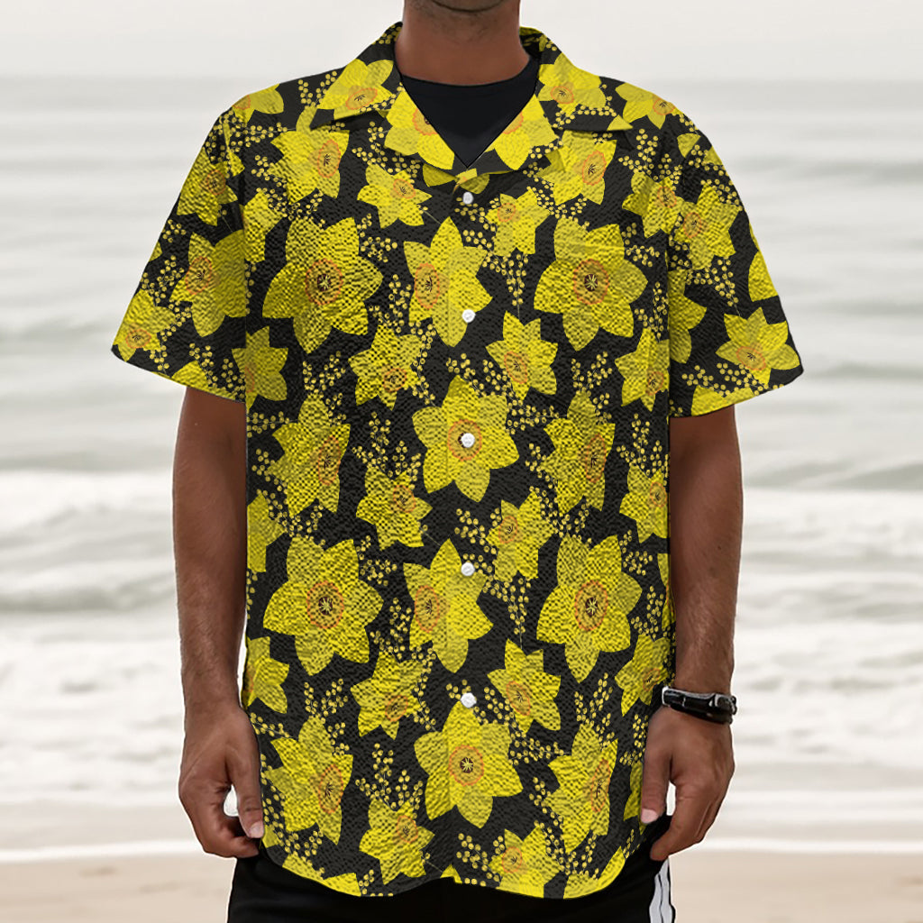 Daffodil And Mimosa Pattern Print Textured Short Sleeve Shirt