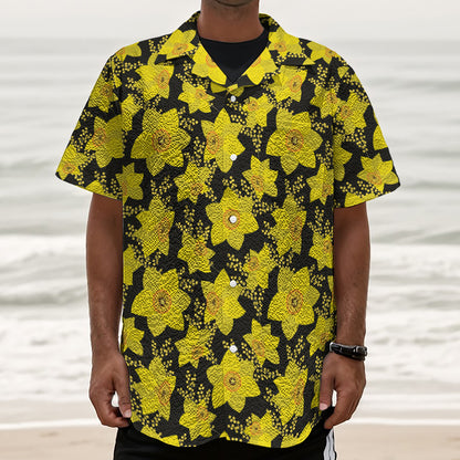 Daffodil And Mimosa Pattern Print Textured Short Sleeve Shirt