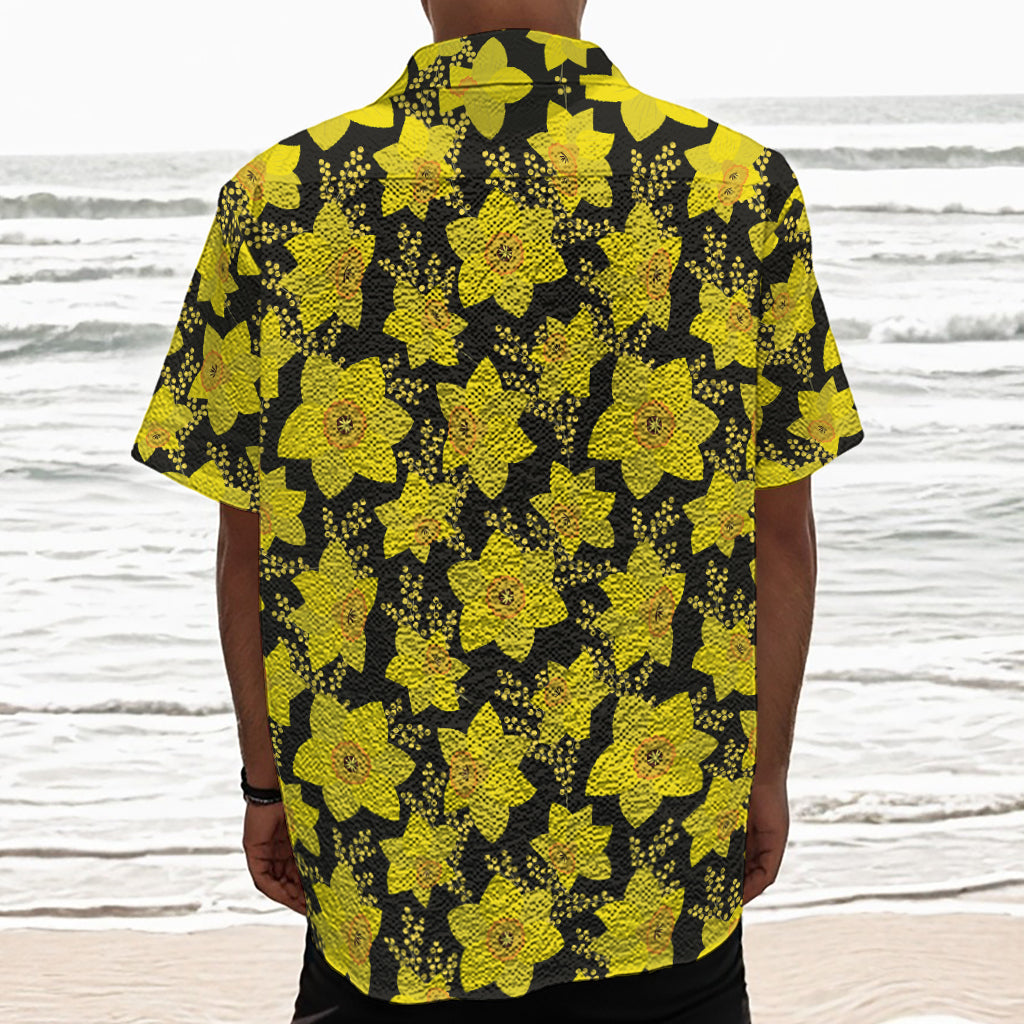 Daffodil And Mimosa Pattern Print Textured Short Sleeve Shirt