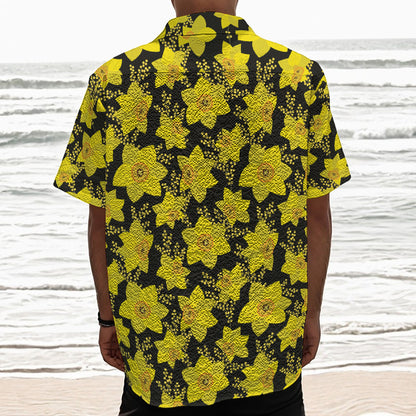 Daffodil And Mimosa Pattern Print Textured Short Sleeve Shirt