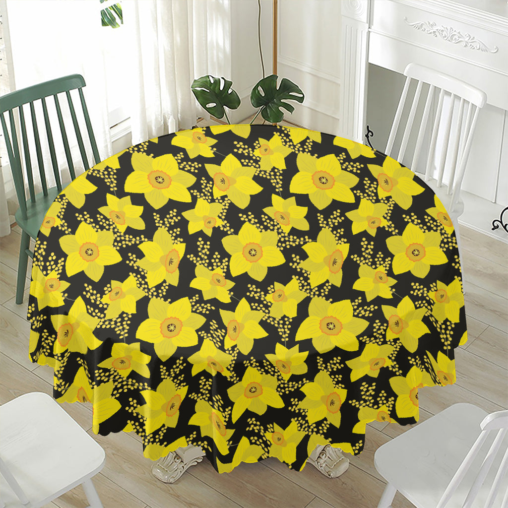 Daffodil And Mimosa Pattern Print Waterproof Round Tablecloth