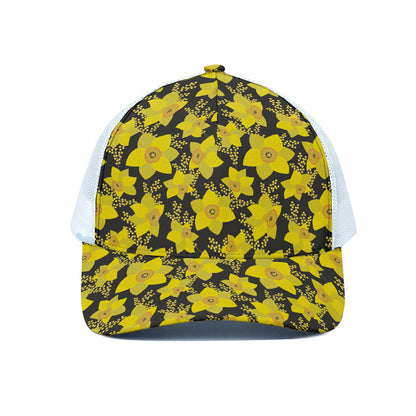 Daffodil And Mimosa Pattern Print White Mesh Trucker Cap