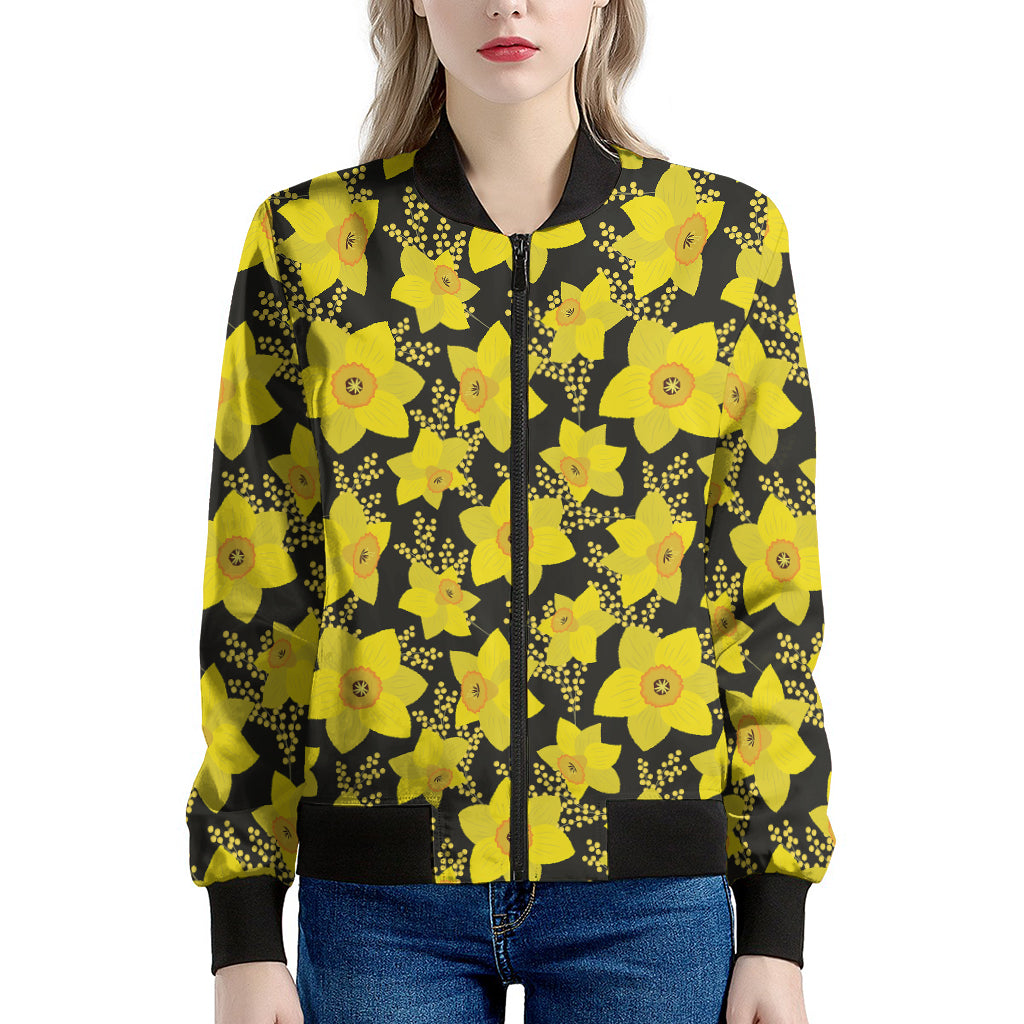 Daffodil And Mimosa Pattern Print Women's Bomber Jacket