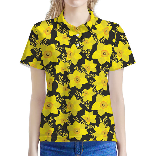 Daffodil And Mimosa Pattern Print Women's Polo Shirt