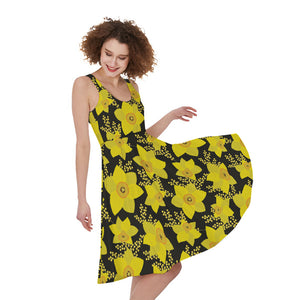 Daffodil And Mimosa Pattern Print Women's Sleeveless Dress