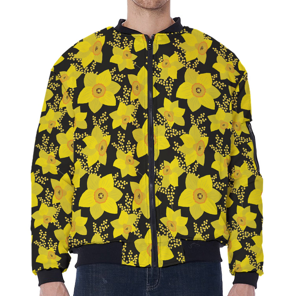 Daffodil And Mimosa Pattern Print Zip Sleeve Bomber Jacket