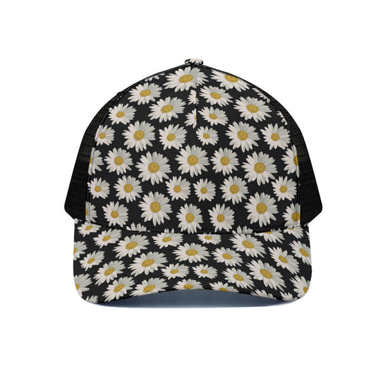 Daisy Flower Pattern Print Black Mesh Trucker Cap