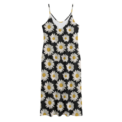 Daisy Flower Pattern Print Jersey Midi Cami Dress