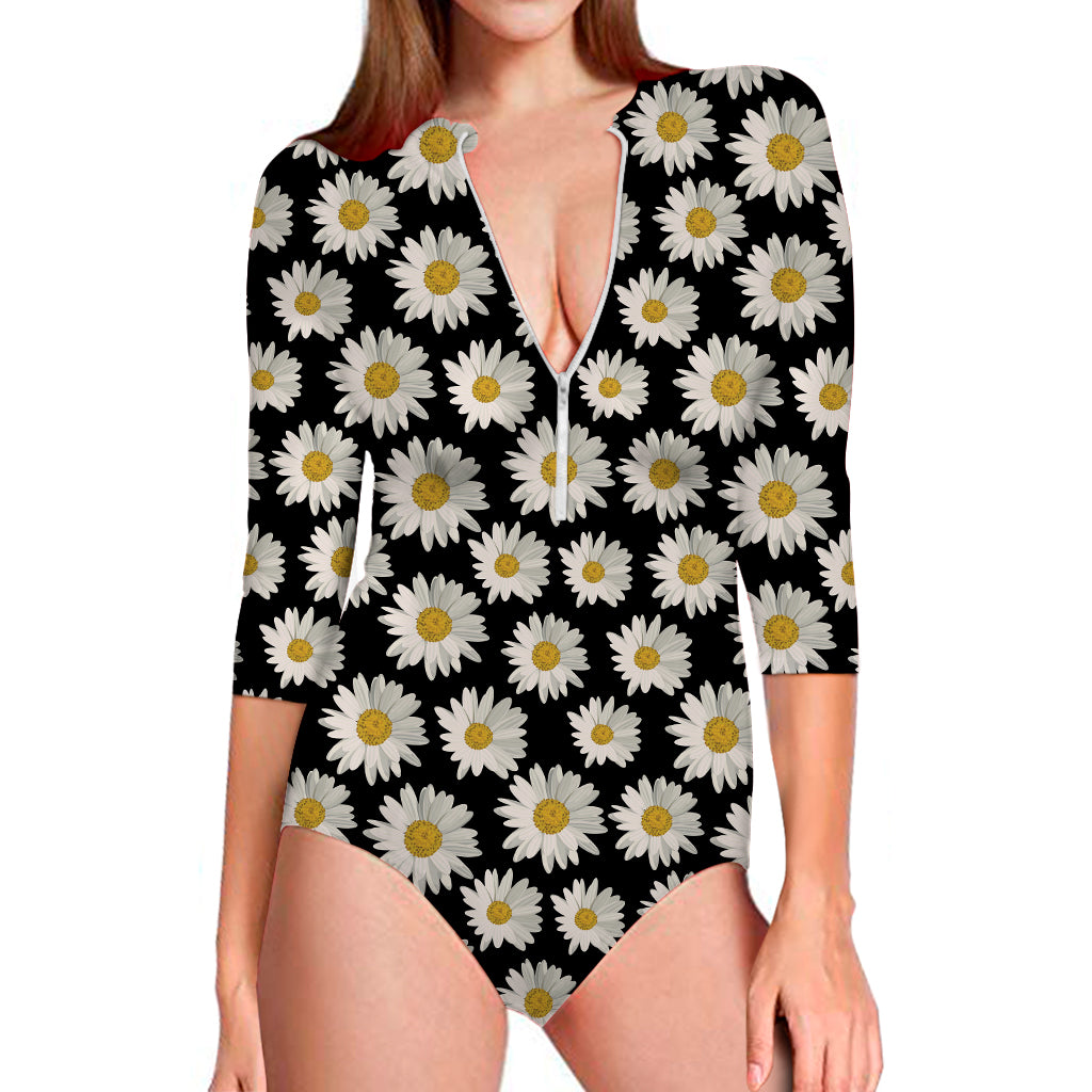 Daisy Flower Pattern Print Long Sleeve Swimsuit