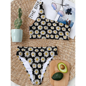 Daisy Flower Pattern Print One Shoulder Bikini Top