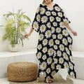 Daisy Flower Pattern Print Silk V-Neck Kaftan Dress