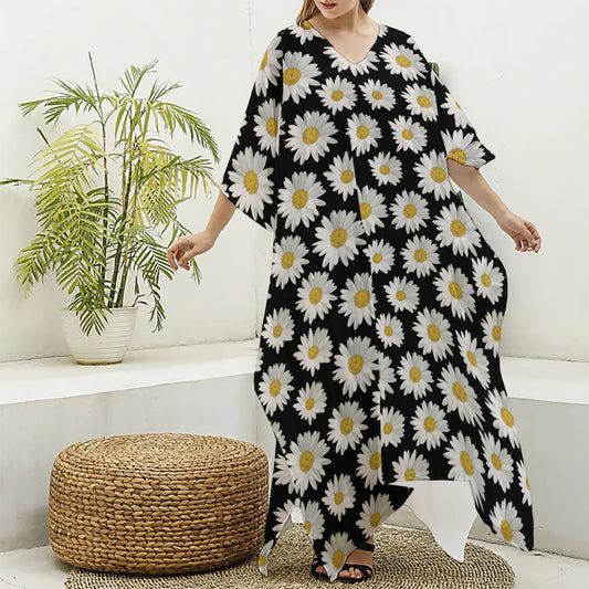 Daisy Flower Pattern Print Silk V-Neck Kaftan Dress