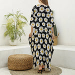 Daisy Flower Pattern Print Silk V-Neck Kaftan Dress