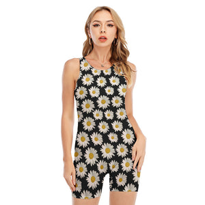 Daisy Flower Pattern Print Sleeveless One Piece Swimsuit