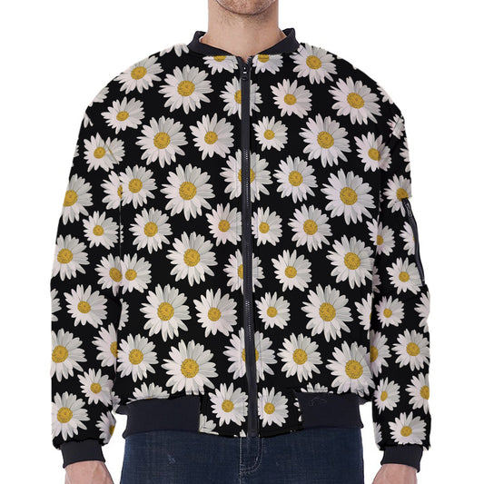 Daisy Flower Pattern Print Zip Sleeve Bomber Jacket