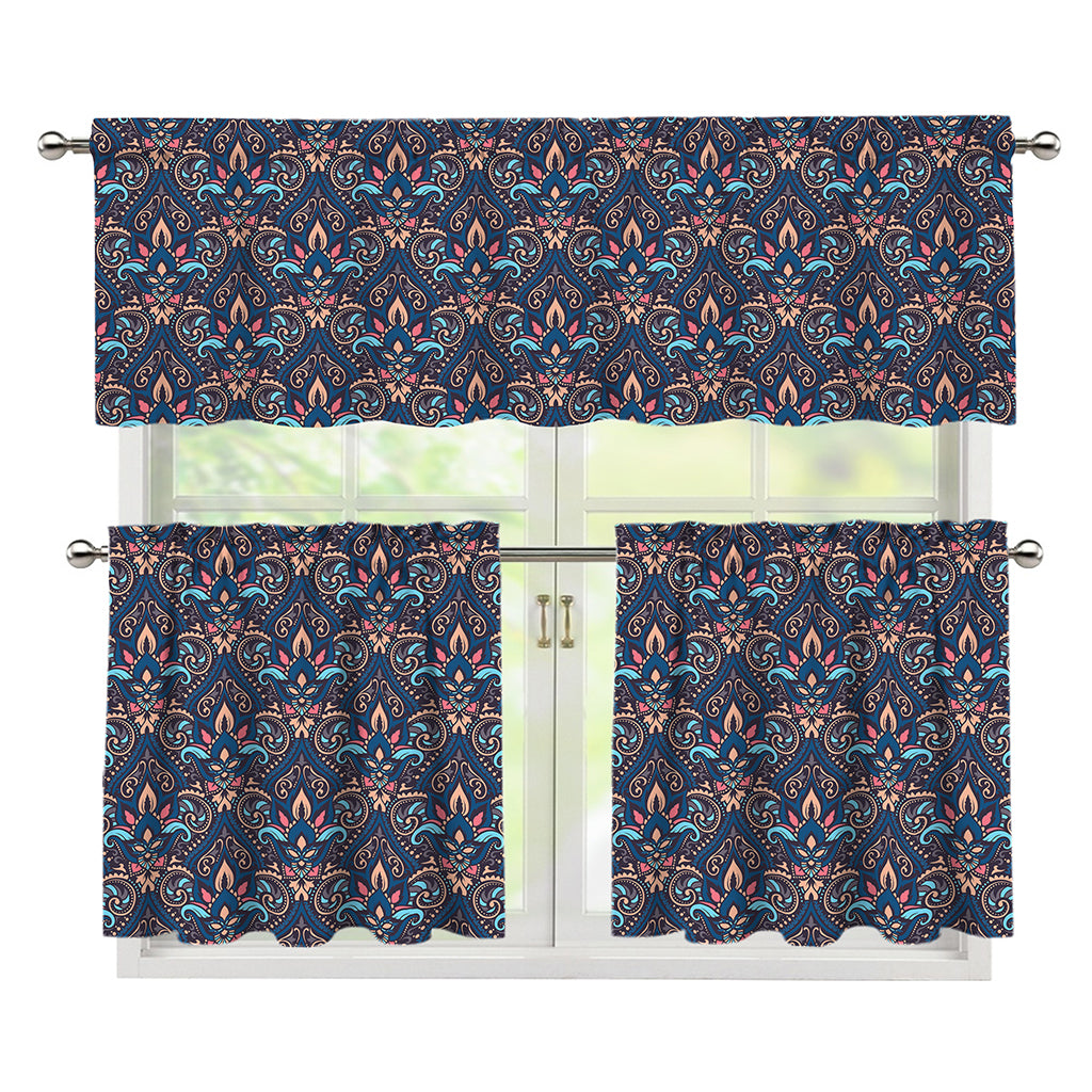 Damask Boho Pattern Print 3 Piece Kitchen Curtains