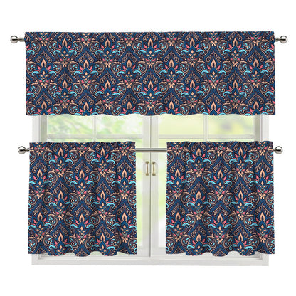 Damask Boho Pattern Print 3 Piece Kitchen Curtains