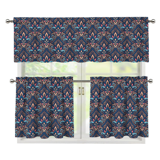 Damask Boho Pattern Print 3 Piece Kitchen Curtains