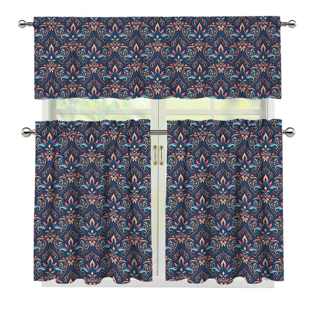 Damask Boho Pattern Print 3 Piece Kitchen Curtains