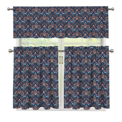 Damask Boho Pattern Print 3 Piece Kitchen Curtains