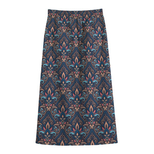 Damask Boho Pattern Print Cotton Front Slit Maxi Skirt