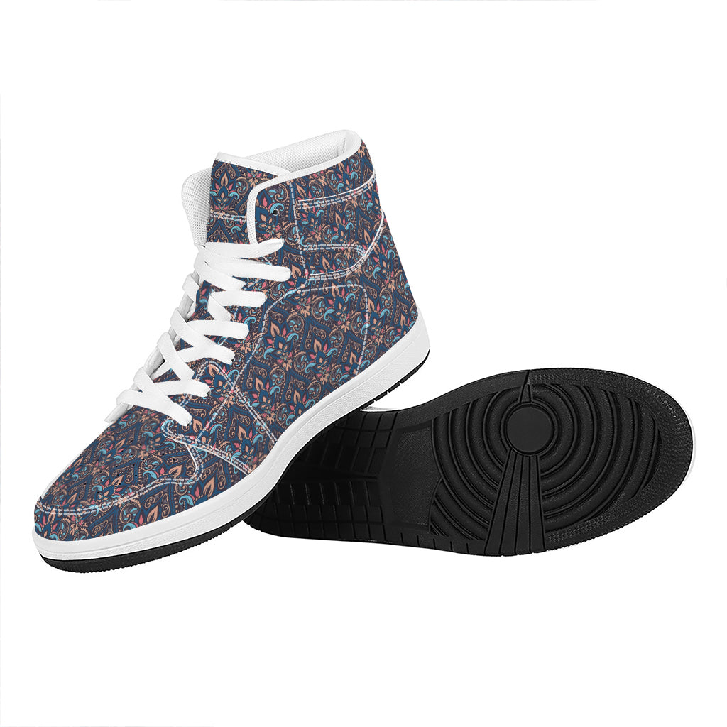 Damask Boho Pattern Print High Top Leather Sneakers