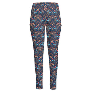 Damask Boho Pattern Print High-Waisted Pocket Leggings