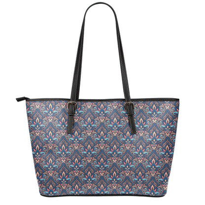 Damask Boho Pattern Print Leather Tote Bag