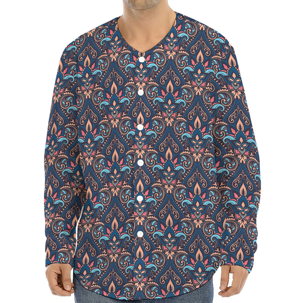 Damask Boho Pattern Print Long Sleeve Baseball Jersey