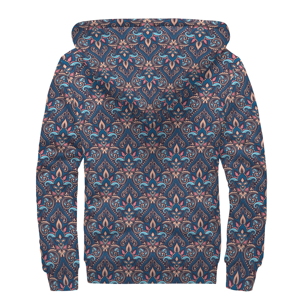 Damask Boho Pattern Print Sherpa Lined Zip Up Hoodie